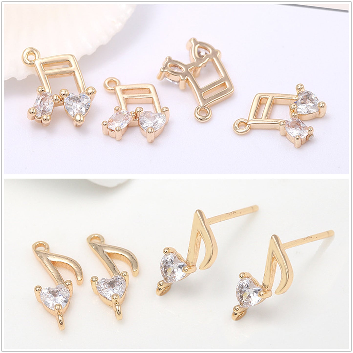 10 Music Sign Charm Pendant Double Looped Link Stud Earrings Rhinestone Embellished 14K GF