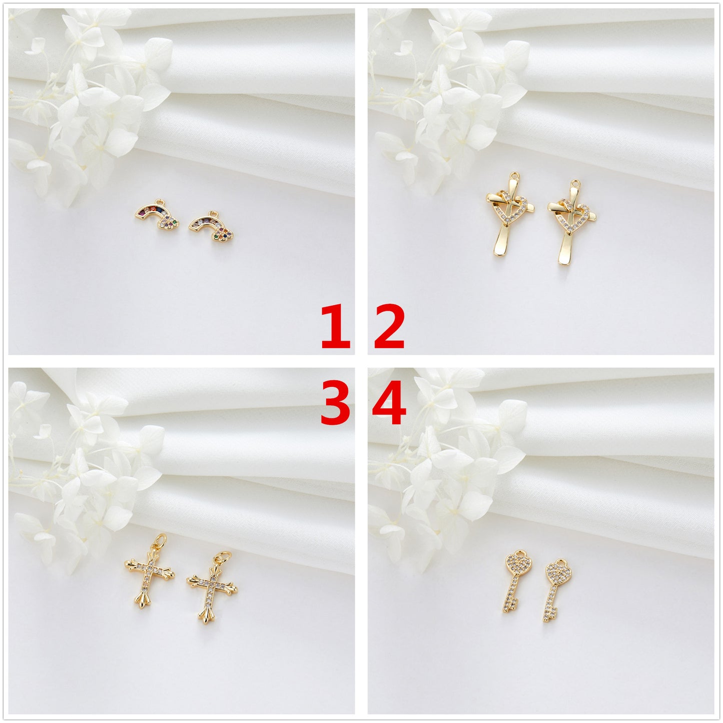 2 Cat Palm Cross Key Charm Pendant Rhinestone Embellished 14K GF