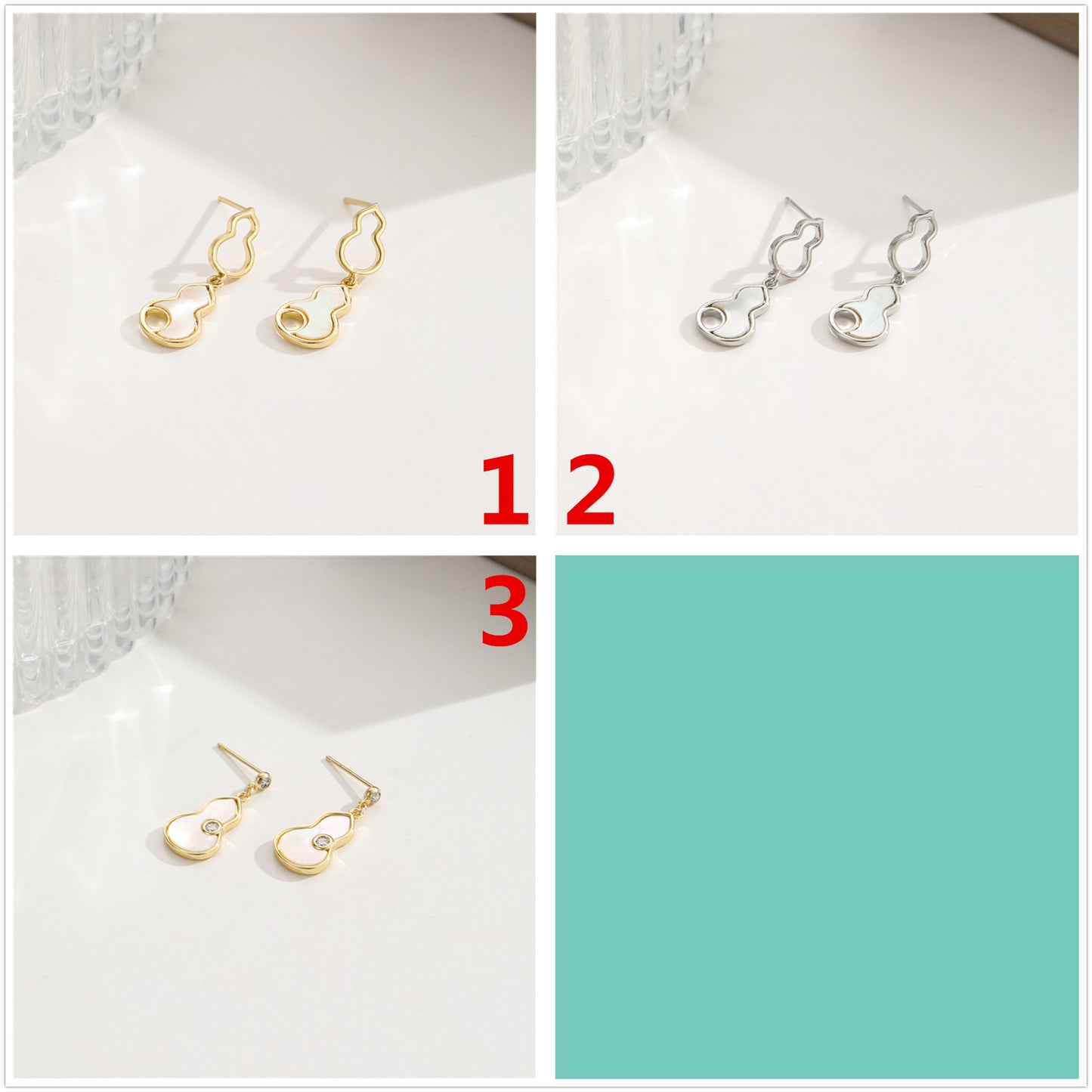 4 boucles d'oreilles à tige en forme de gourde, coquillage orné de strass 14K GF