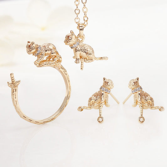 2 Katzen-Charm-Anhänger-Ohrstecker, Statement-Ring, Strassverzierung, 14K GF, halbgebohrte Perle, Rohling