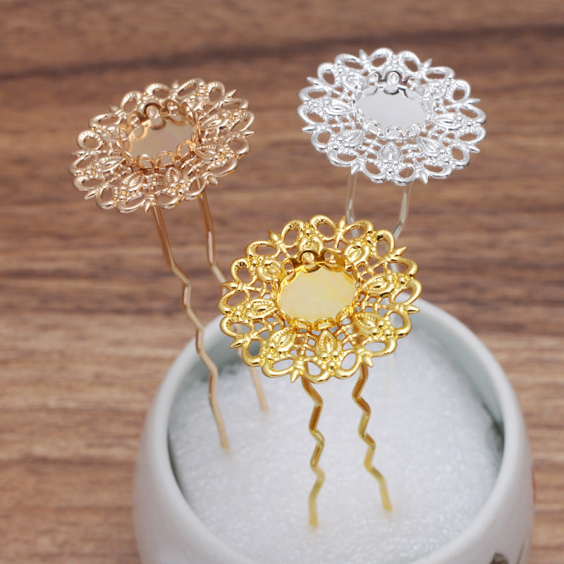 10 Scallop Edge Bezel Cup Filigree Floral Charm Hair Fork Hairpin 18KGP 10mm Round Cabochon Blank Base Gemstone Piece Setting
