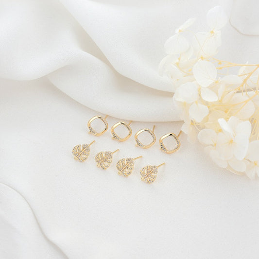 4 quadratische, kreisförmige Blatt-Ohrstecker mit Schleife, Strassverzierung, 14-Karat-GF-Ohrring