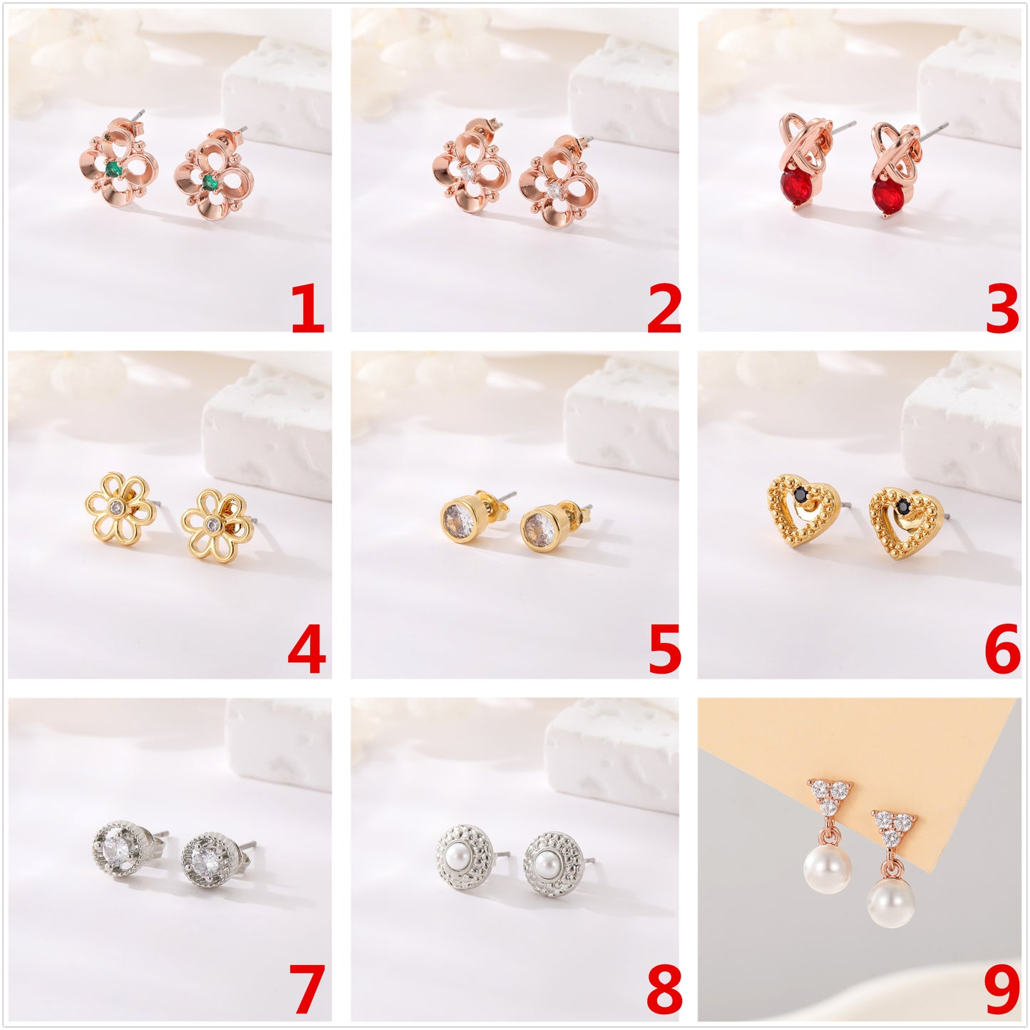 4 boucles d'oreilles à tige en forme de cœur floral, ornées de strass GF 14 carats