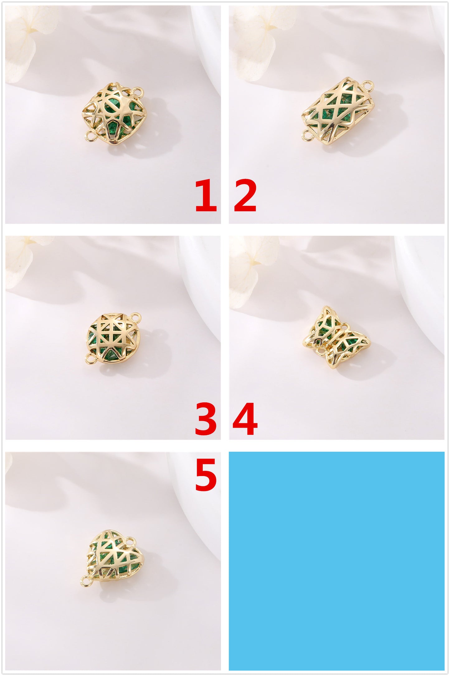 2 Double boucle carré rectangle rond papillon coeur charme connecteur strass incrusté 14K GF