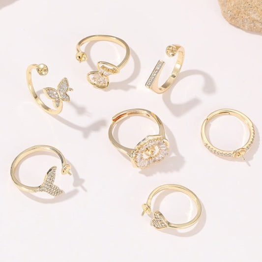 2 offene Kreise mit Strass verziert, Walschwanz-Blumen-Statement-Ring, 14K GF, halbgebohrter Perlenrohling