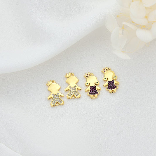 2 Boy Girl Charm Pendant Rhinestone Embellished 14K GF