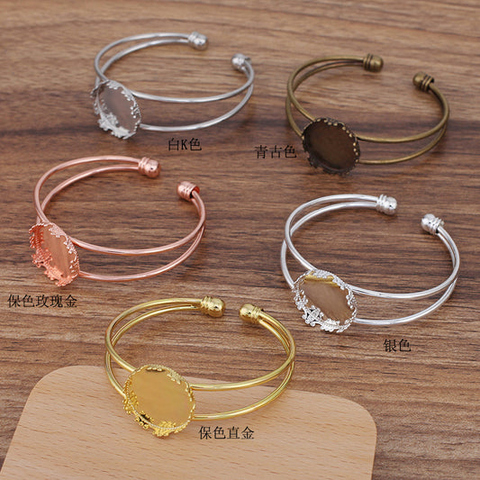 5 Crown Edge Bezel Cup Two Row Open Circle Bangle 18KGP 20mm Round Cabochon Blank Base Gemstone Piece Setting