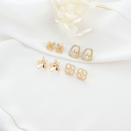 4 Ohrstecker mit floraler Schleife, Strassverzierung, 14K GF-Ohrring, halbgebohrte Perle, Rohling