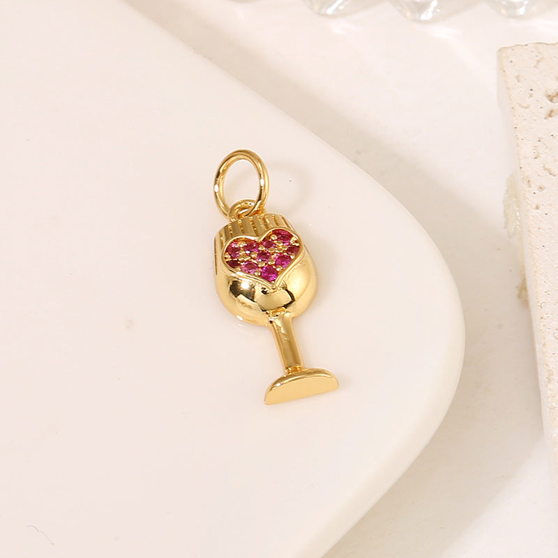 2 Wine Bottle Glass Goblet Charm Pendant Rhinestone Embellished 14K GF