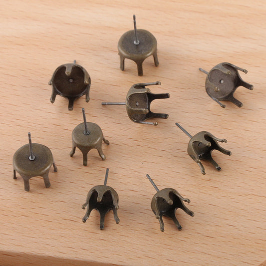 100 Six Claw Stud Earrings Antique Bronze 10mm 12mm Round Cullet Rhinestone Blank Base Gemstone Setting