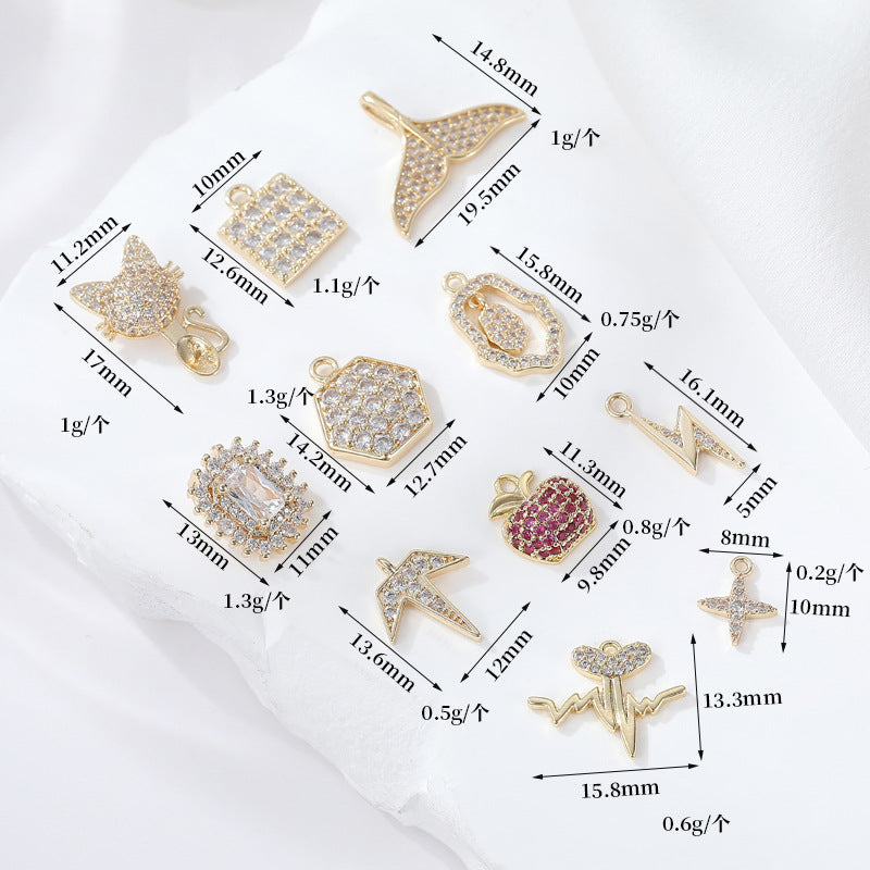 2 Feuilles Étoile Chat Flash Pomme Carré Hexagone Charme Pendentif Strass Embelli 14K GF