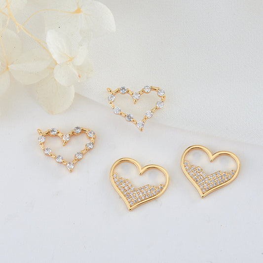 2 Hollow Heart Circle Charm Pendant Rhinestone Embellished 14K GF