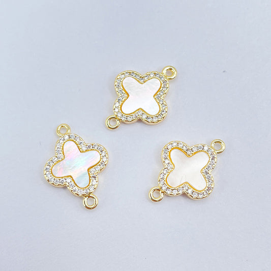 2 connecteurs de charme floral croisé à double boucle, coque strass embellie 14K GF