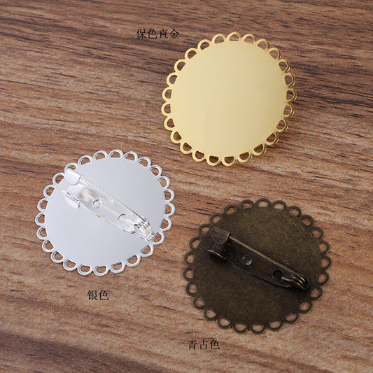 200 Scallop Edge Flat Pad Bezel Cup Safe Brooch Pin Silver Plated 35mm Round Cabochon Blank Base Gemstone Piece Setting