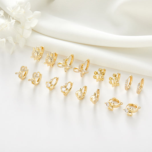 4 Crown Bowknot Turtle Circle Floral Tree Hoop Earrings Rhinestone Embellished 14K GF Earing