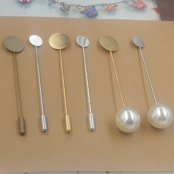 50 Flat Pad Plain Long Stick Safe Brooch Pin 18KGP 10mm 15mm Round Cabochon Blank Base Gemstone Piece Setting
