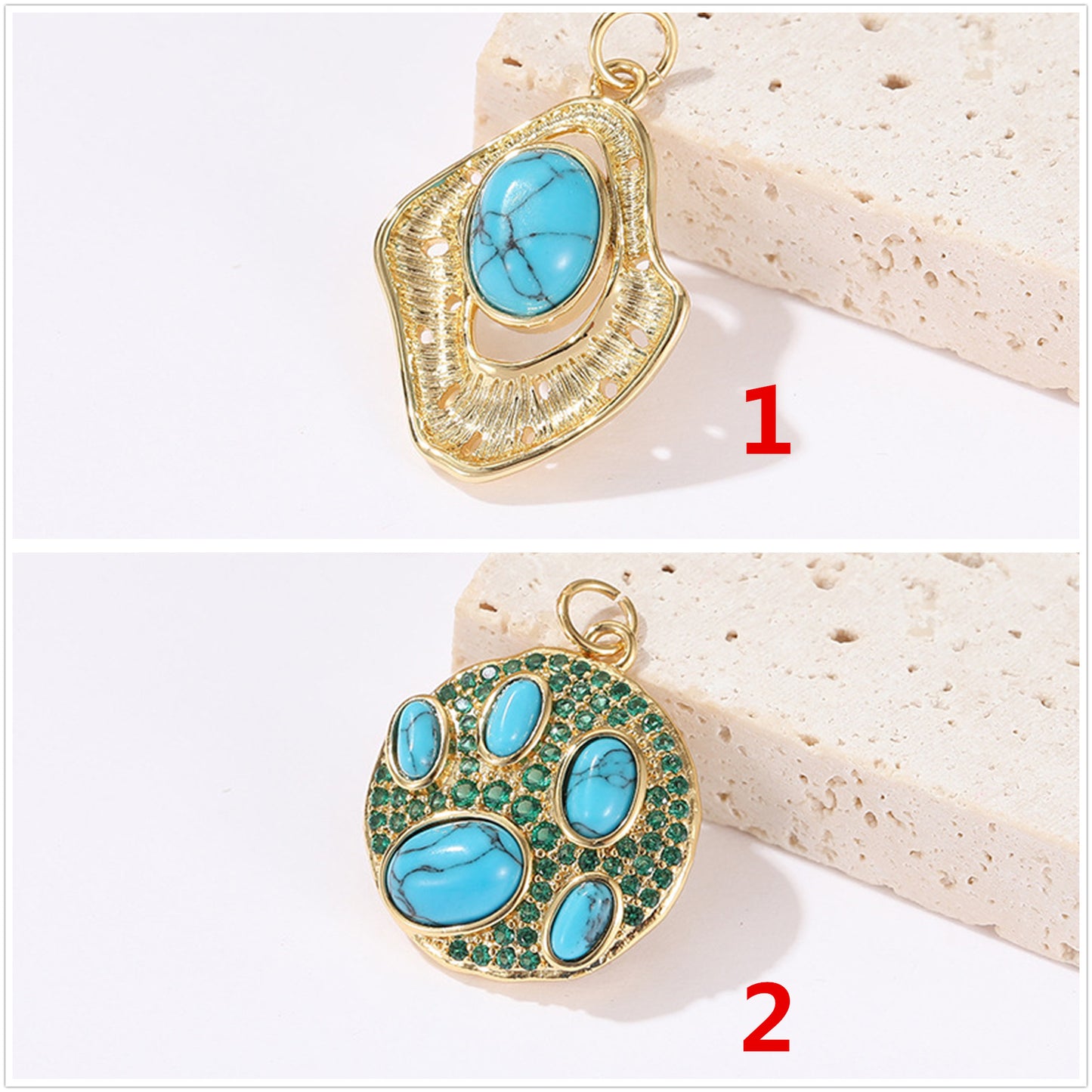 2 pendentifs de charme ovales de forme irrégulière, résine turquoise, strass embellis 14K GF
