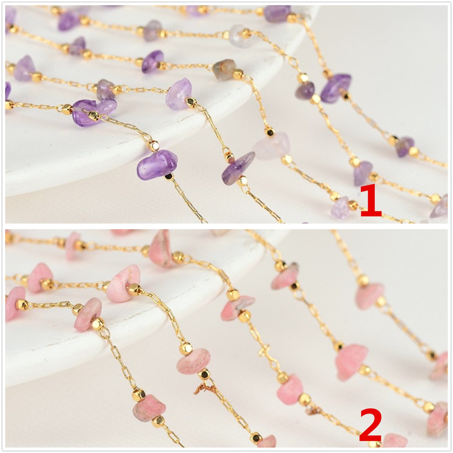 Chaîne de câbles en perles d'améthyste brute de 2 mètres, quartz GF 14K embelli