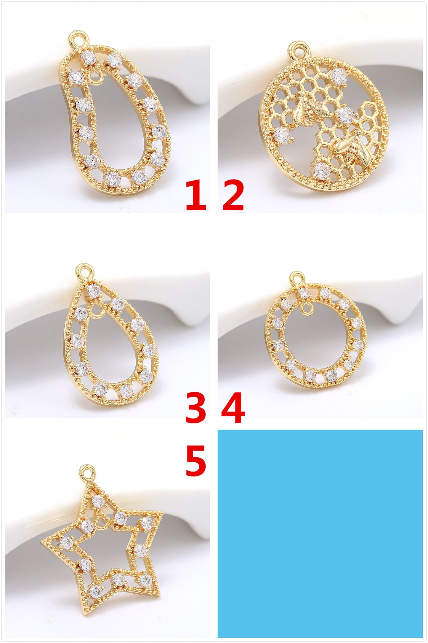 2 Round Honeycomb Star Waterdrop Circle Charm Pendant Rhinestone Embellished 14K GF