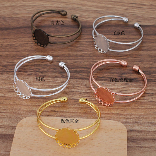 5 Scallop Edge Two Row Open Circle Bangle 18KGP 20mm Round Cabochon Blank Base Gemstone Piece Setting