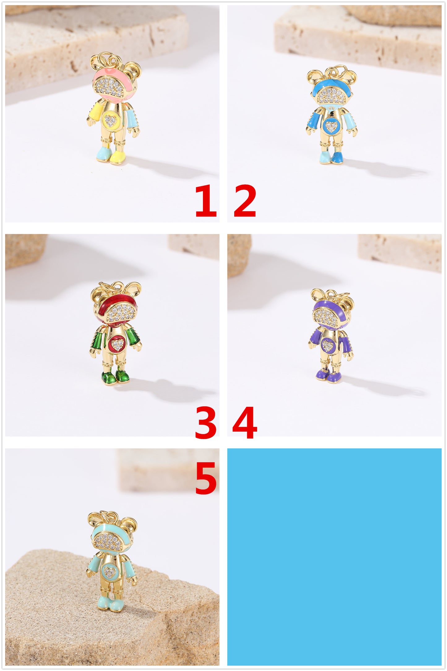 2 Maus Roboter Charm Anhänger Emaille Epoxy Strass 14K GF