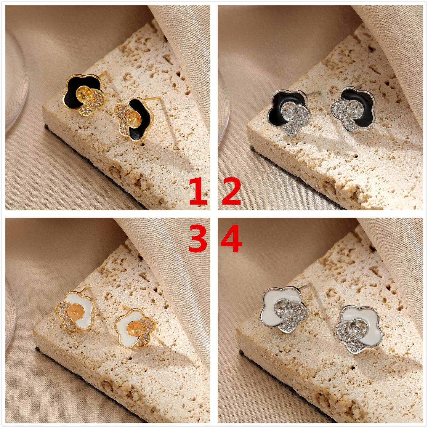 4 boucles d’oreilles florales en émail époxy strass embelli 14K GF boucle d’oreille demi-percée perle vierge