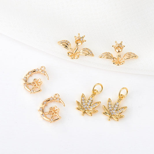 2 pendentifs à breloques floraux en forme de feuille de lune ornés de strass 14K GF à moitié percés en perles vierges