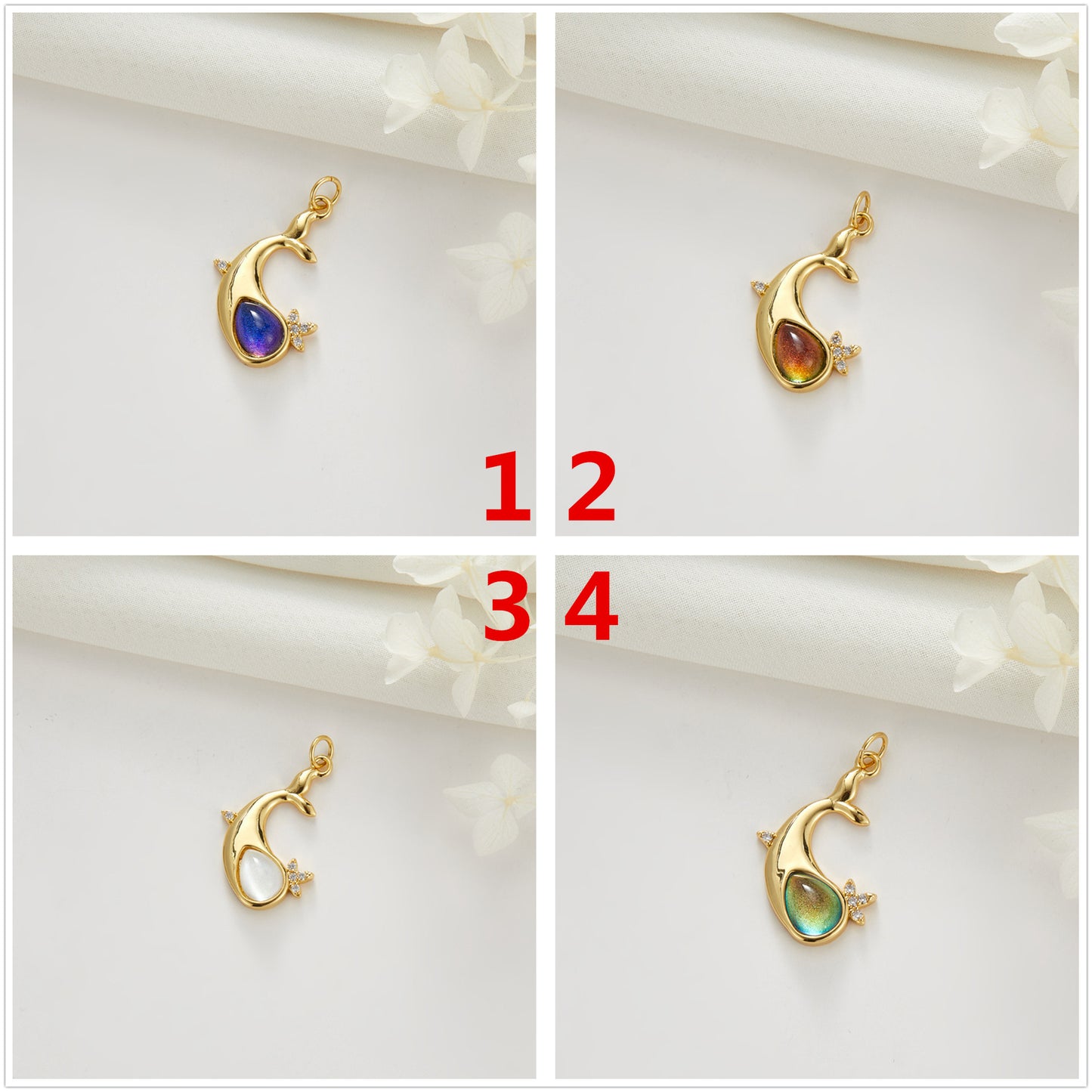 2 Delphin-Charm-Anhänger, Harz, Strass, verziert mit 14-karätigem GF