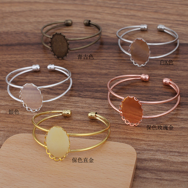 5 bord festonné lunette tasse deux rangées cercle ouvert bracelet 18KGP 18x25mm cabochon ovale Base vierge pierre précieuse pièce réglage