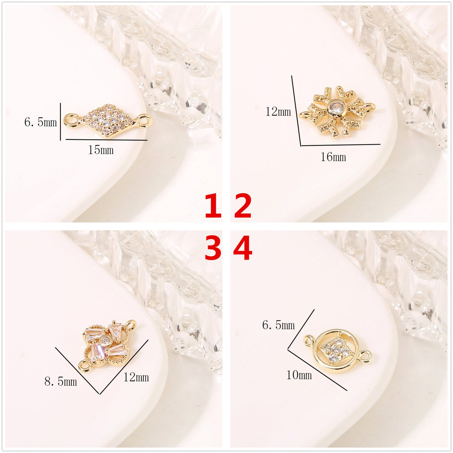 2 Double Looped Floral Snowflake Diamond Olive Charm Connector Rhinestone Embellished 14K GF