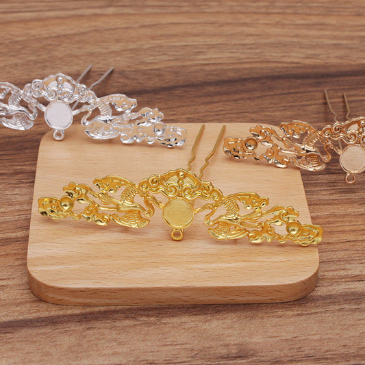 10 Multi Looped Crane Cloud Charm Hair Fork Hairpin 18KGP 10mm Round Cabochon Blank Base Gemstone Piece Setting