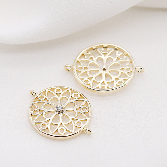 10 doppelt geschlungene, runde, hohle, florale Charm-Verbindungsstücke mit Strassverzierung aus 14-karätigem GF