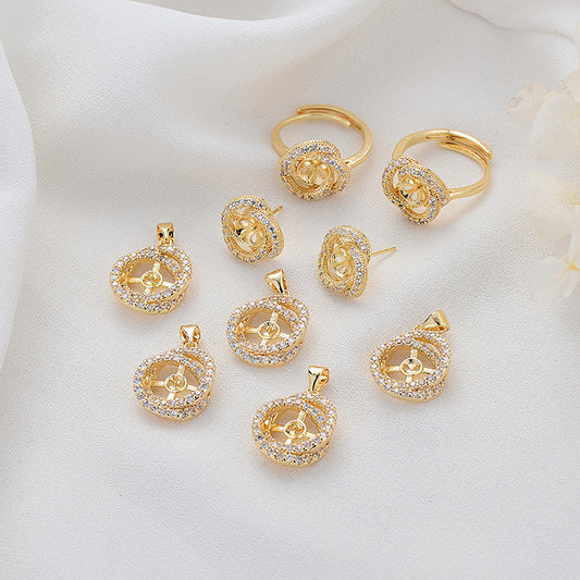 4-Kreis-Charm-Anhänger-Ohrstecker, Statement-Ring, Strassverzierung, 14-Karat-GF-Ohrring, halbgebohrte Perle, Rohling