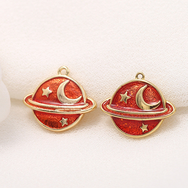 10 Saturn Planet Charm Pendentif Émail Epoxy 14K GF Strass Embelli