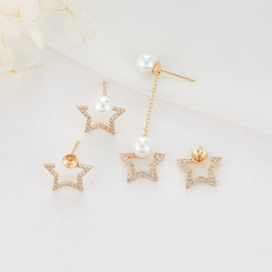 4 Star Stud Earrings Rhinestone Embellished 14K GF Earing Half Drilled Pearl Bead Blank