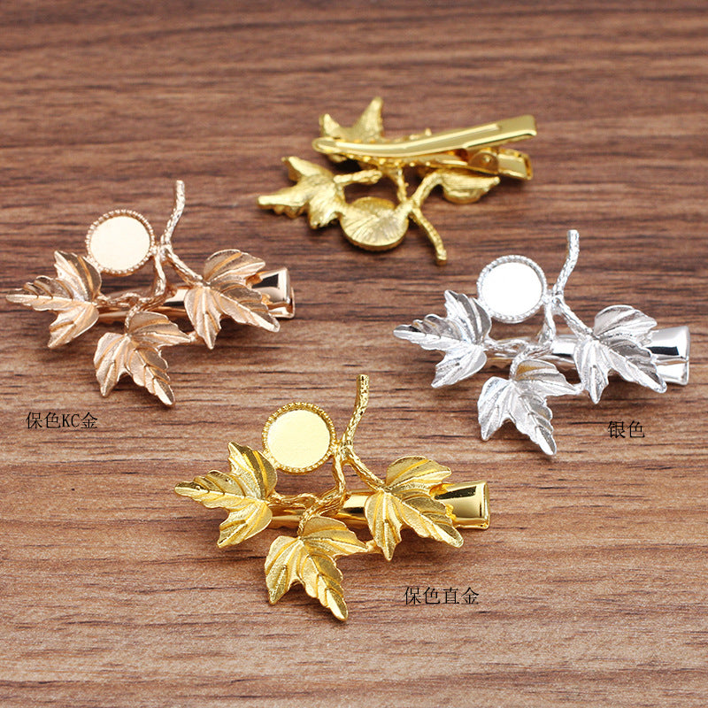 20 branche de feuille en filigrane bord dentelé lunette coupe cheveux pince crocodile épingle à cheveux 18KGP 8mm cabochon rond base vierge réglage de la pièce de pierre précieuse