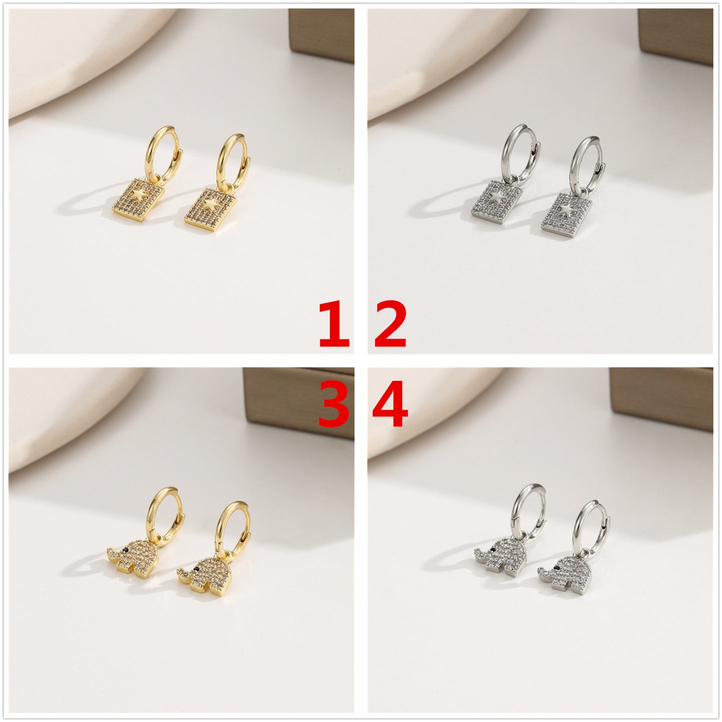 4-Sterne-Elefant-Schmetterlings-Charm-Kreis-Creolen, Emaille-Epoxidharz-Strassverzierung, 14K GF-Ohrring