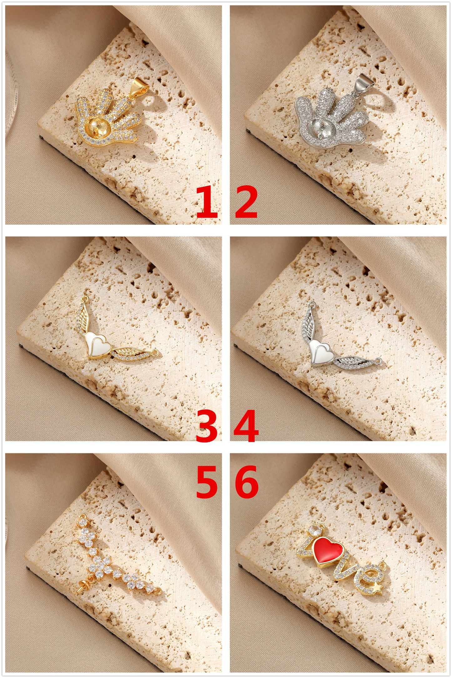 2 doppelt geschlungene Liebesherzen mit Blumen-Hand-Charm-Anhänger, Strassverzierung, 14K GF, halbgebohrte Perle, Rohling