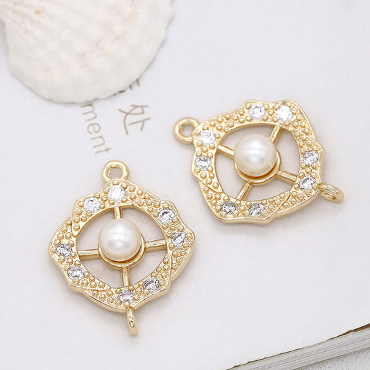 2 connecteurs de charme de cercle de roue creuse à double boucle, strass embellis 14K GF