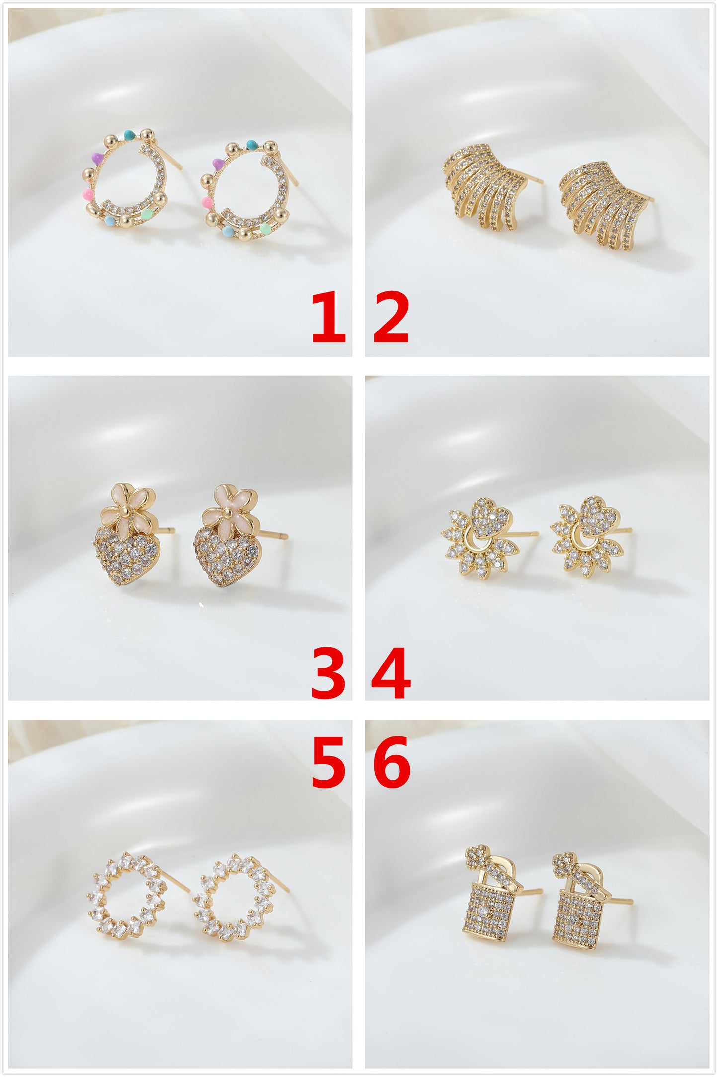 Boucles d'oreilles à tige en forme de cœur, 4 cercles perlés, ornées de strass 14K GF