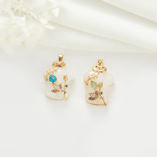 2 chinesische Mädchen-Bluse-Charm-Anhänger, Harz, Strass, verziert, 14 K GF