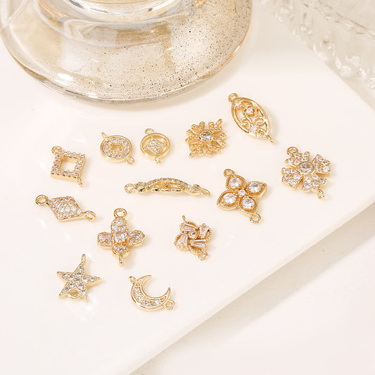 2 Double Looped Floral Snowflake Diamond Olive Charm Connector Rhinestone Embellished 14K GF