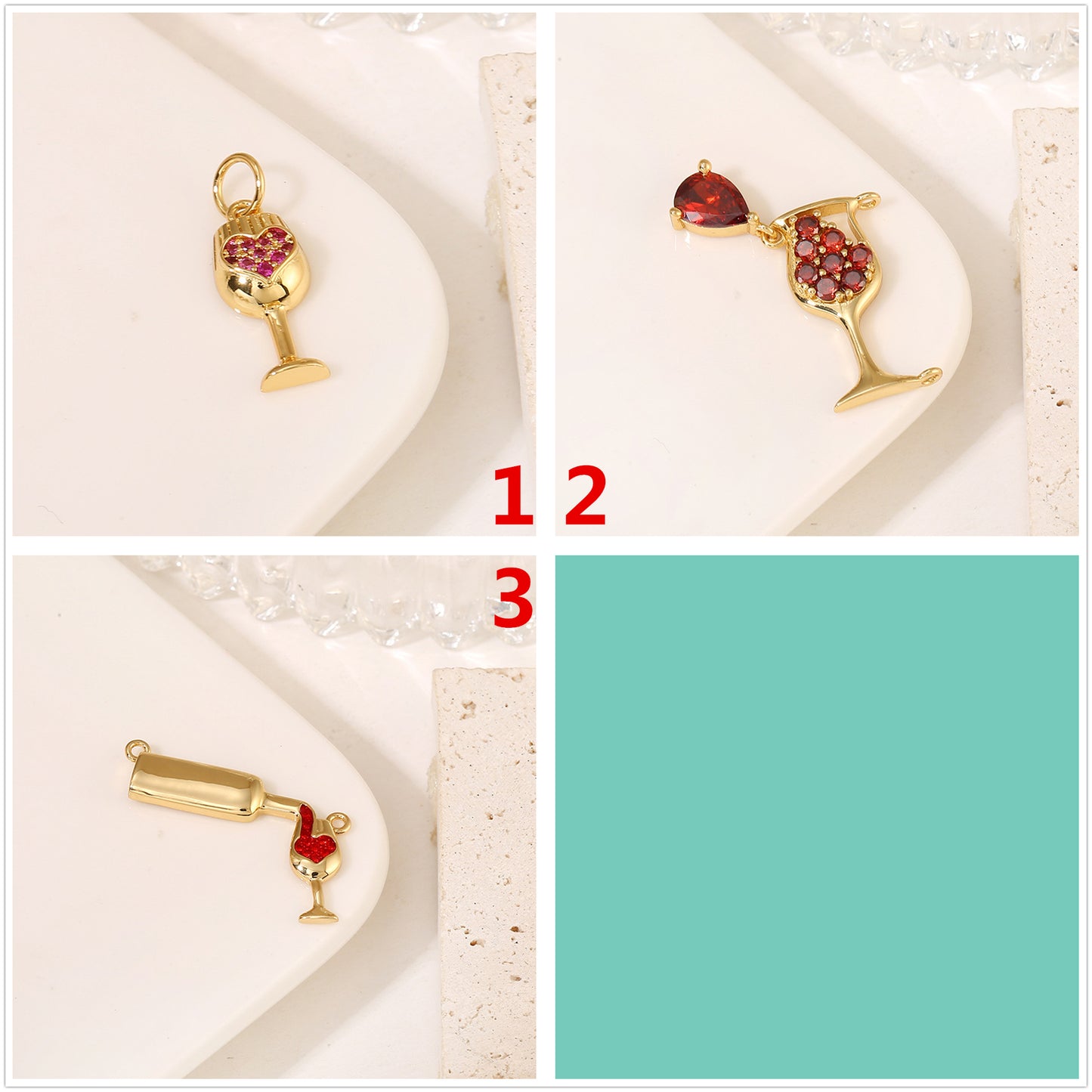 2 Wine Bottle Glass Goblet Charm Pendant Rhinestone Embellished 14K GF