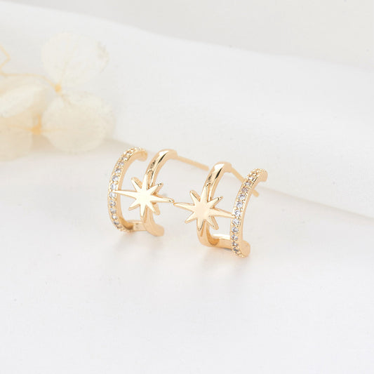 4 Semi Circle Star Stud Earrings Rhinestone Embellished 14K GF Earing