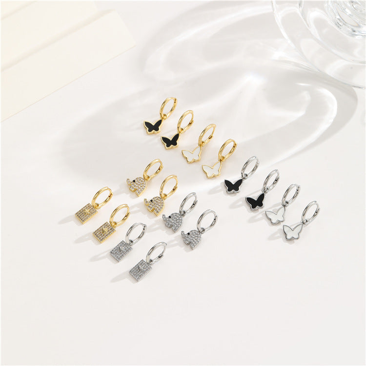 4-Sterne-Elefant-Schmetterlings-Charm-Kreis-Creolen, Emaille-Epoxidharz-Strassverzierung, 14K GF-Ohrring