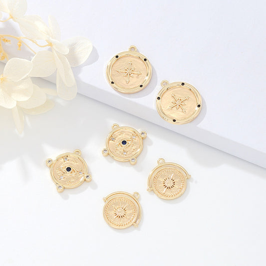 2-Sterne-Auge-Kompass-Münzen-Charm-Anhänger mit Strasssteinen, 14K GF