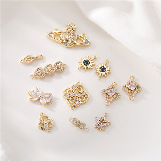 2 Double boucle Soleil Saturne Infini Floral Étoile Charme Connecteur Strass Embelli 14K GF