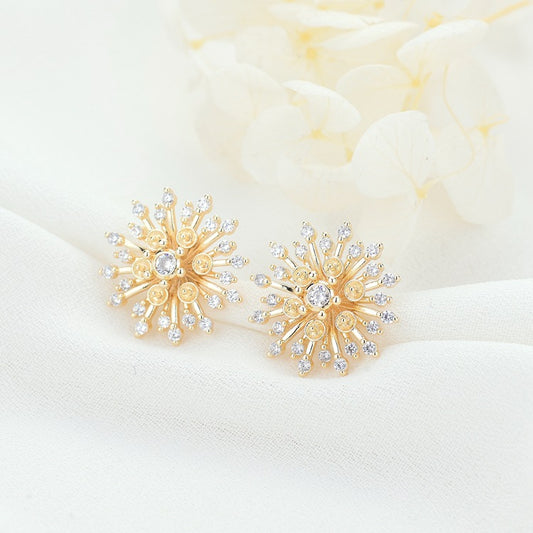 4 Snowflake Stud Earrings Rhinestone Embellished 14K GF Earing Half Drilled Pearl Bead Blank