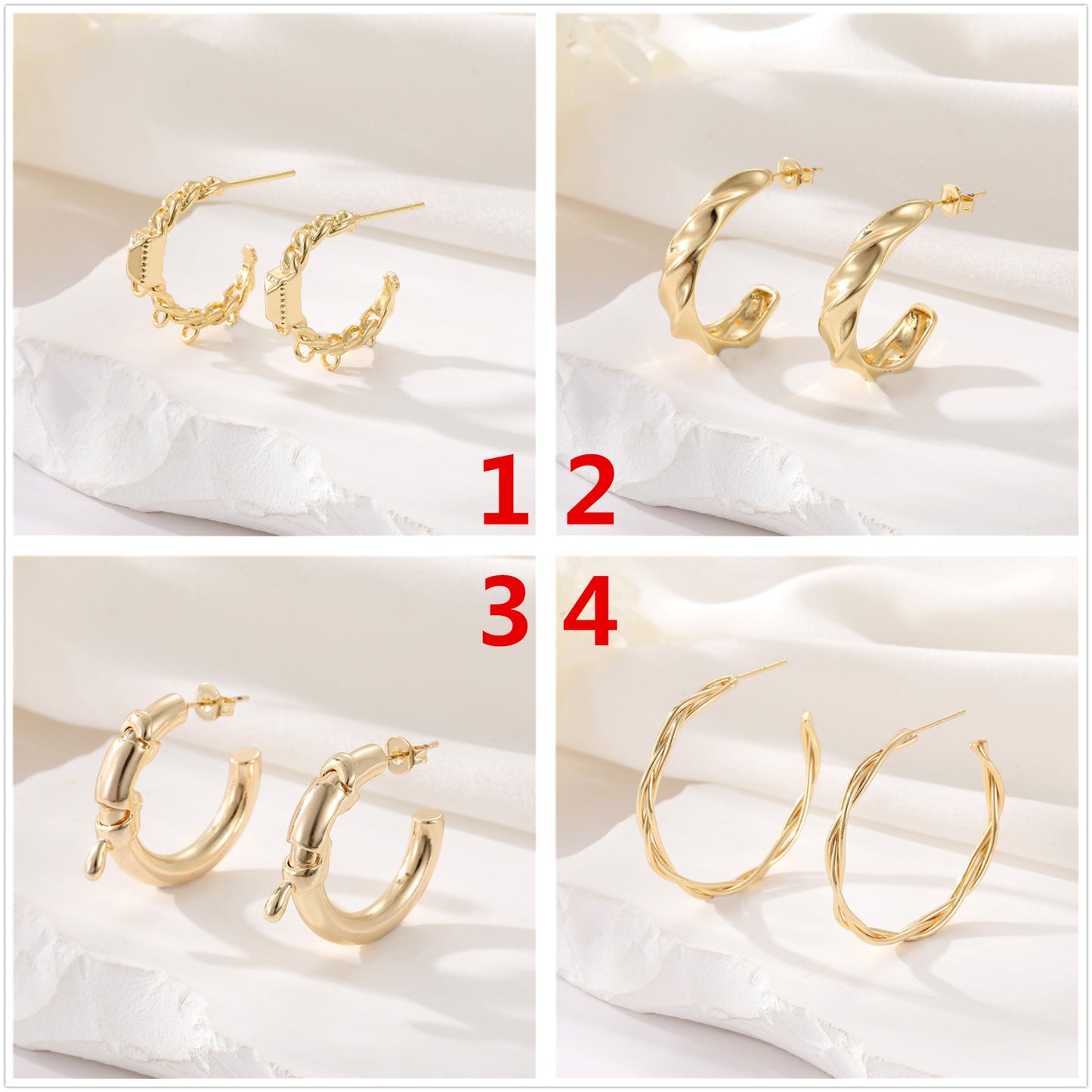 4 boucles d'oreilles créoles épaisses en cercles torsadés 14K GF Earing