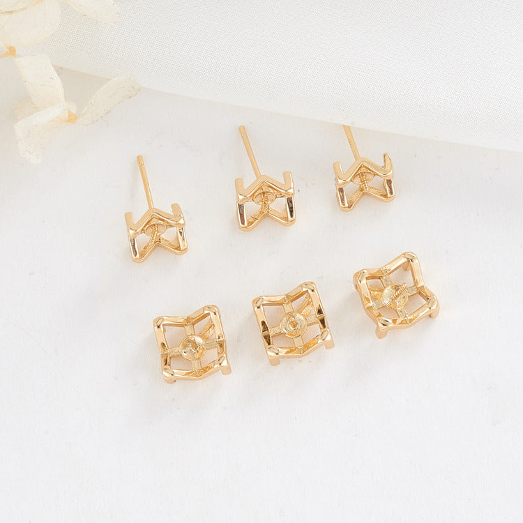 4 Plain Square Frame Stud Earrings 14K GF Earing Half Drilled Pearl Bead Blank